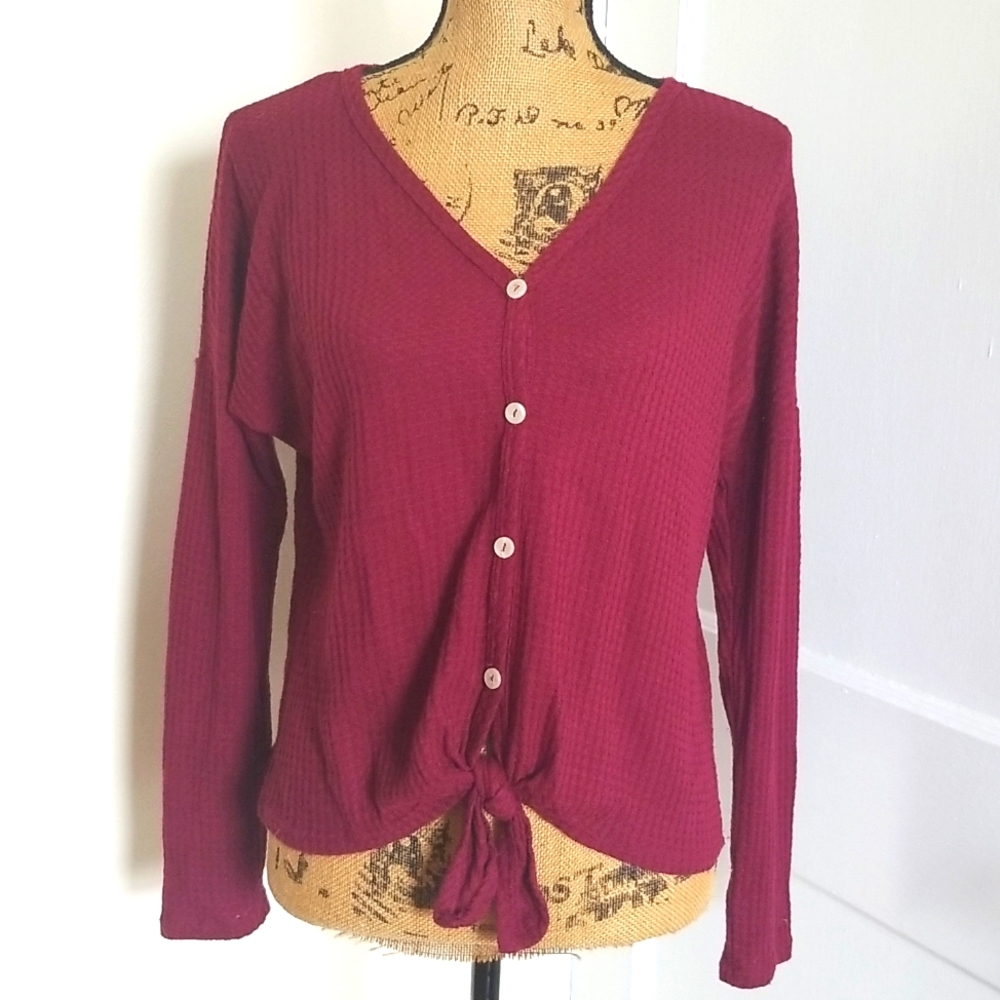 Altar'd State Red Merlot Button Up Thermal Ribbed Cardigan